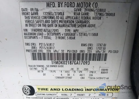 2007 Ford Freestyle Sel from USA, damaged, VIN 1FMDK02187GA17093